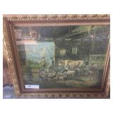 Vintage Print with Farm Animals in Barn