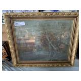 Vintage Farm Scene Print in Vintage Frame