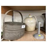 Stoneware Jug, Candlestick Holder and Tin