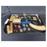 Tray: Plumb Bobs, Pin Cushions, Carved