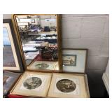Beveled Edge Mirror & 2 French Lithograph Prints