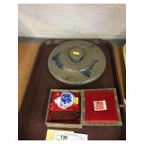 Blue Slip Decorated Crock Lid, Oriental Stamp