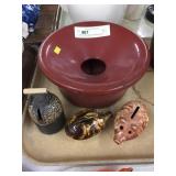 (2) Pottery Pig Banks, Enameled 2-Part Spittoon.