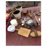 Stoneware Crocks, Cutting Board, Meat Grinder,