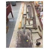 Early Tools- Wooden Rake, 2 Man Saw, Hinges, etc.