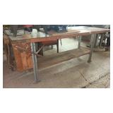 LARGE WORK BENCH W/ WOOD CLAMP VISE