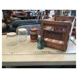 Fruit crate, vintage jars and tins