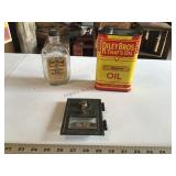 Brass post box door, whiskey bottle, etc