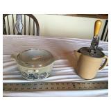 Stoneware beater pitcher and Pyrex dish