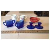 Cream/sugar, candle sticks, swag glass, misc.