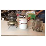 Enamelware, warming pot, glass jar and carrier