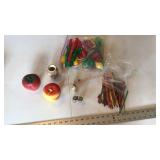 Covered dishes, swizzle sticks, plastic table