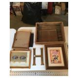 Wood box, pictures, frames
