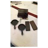 Hunting knife, sharpening stones, mini skillets