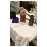 Bee smoker, oil measurer, enamel flask