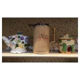 Jug, small cracker jar, 3-tea pots, planter