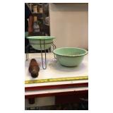 Enamelware colander, bowl and wood item