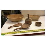 Wooden bowl, butter press, tools, misc.