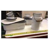 Enamelware 4-cups and saucers, 2-refrigerator