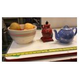 Hall teapot, banded bowl, coffee canister, pie
