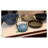 Enamelware bowl and 11-saucers, misc.