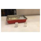 Cream jars, metal pan