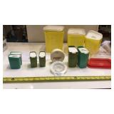 Plastic canister set, butter dish, salt and