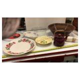 Wood bowl, tea pot, glass rolling pin, and