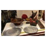 Chickens, trays, wood bowl, wall hangings