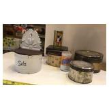 Enamel salt container, tins, beer cans