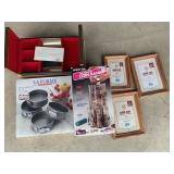 Pans, coin bank, picture frames