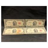 (3) 1953-A & (1) 1953-B $2 U.S. Notes