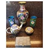 Cloisonne Vase, Cups, Teapot & Trinket Box