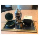Stein, Clock Radio, Brass Creamer, & Trinket Box