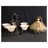 Two Chandeliers Bronze 5-Light and Slag Glass