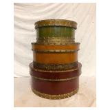 Three Vintage Stacked Hat Boxes Green Orange Red