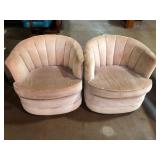 Pair Pink Velvet Shell Back Swivel Chairs