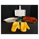 Kitchen Variety Lot Stoneware Bakeware and Mitts