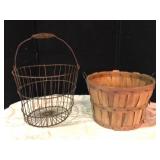 Wire Egg Basket and Wooden Slat Bushel Basket