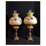 Pair of Antique-Style Lamps Amber Glass Shades