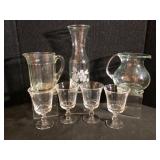 Collection of Clear Glassware Pitchers and Stems