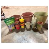 Lot of Plastic and Clay Plant Pots and Soil