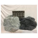 2 Gray Shag Throws and Wicker Hamper