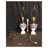 Pair Vintage Porcelain Floral Urn Table Lamps