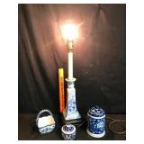 Blue and White Ceramic Lamp and Jars Lot