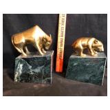Brass Bull and Bear Bookends Green Marble Base