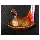 Amber Glass Hen On Nest Covered Dish