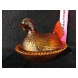 Amber Glass Hen On Nest Covered Dish
