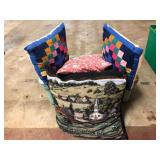 Lot of 5 Throw Pillows and Plastic Storage Chest