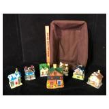 Lot of 7 Ceramic Village Houses and Basket